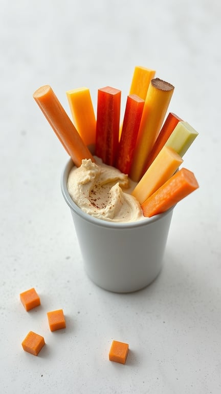 A cup filled with hummus and colorful vegetable sticks for dipping.