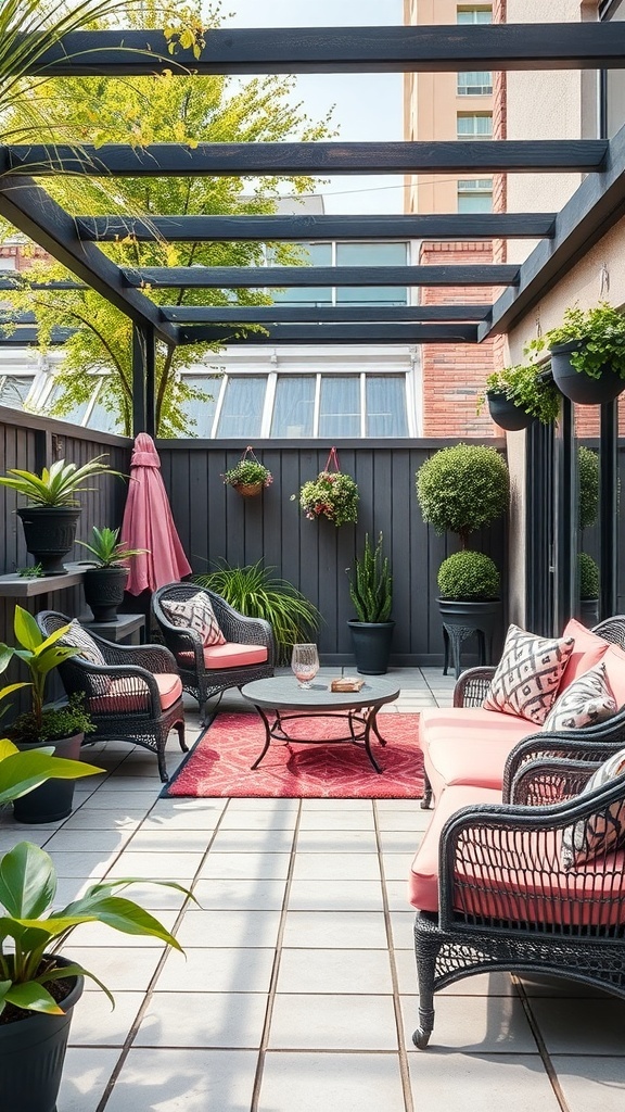 25+ Stylish Black and Pink Room Decor Ideas You’ll Love 15 A stylish outdoor patio featuring black wicker furniture with pink cushions, a pink rug, and lush greenery.