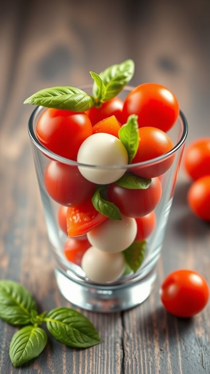 A clear cup filled with cherry tomatoes, mozzarella balls, and fresh basil leaves on a wooden table.