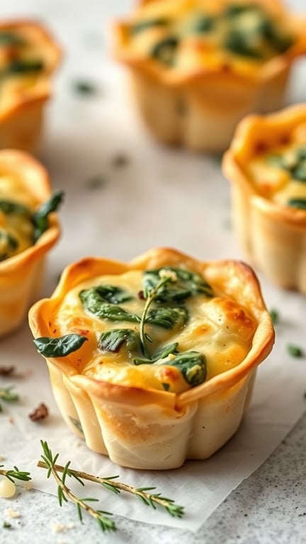 Mini quiche cups filled with spinach and cheese, garnished with herbs.