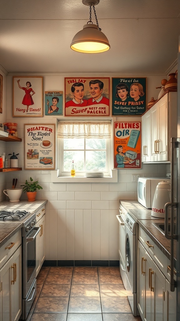A cozy kitchen featuring vintage wall art and decor from the 1950s.