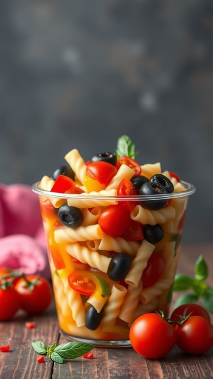 A cup filled with pasta salad featuring spiral pasta, cherry tomatoes, black olives, and green bell peppers.