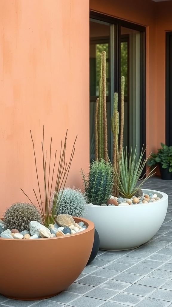 17 Stunning Rock Landscaping Ideas to Transform Your Outdoor Space 9 Two round planters filled with cacti and succulents, surrounded by colorful pebbles, against a peach wall.