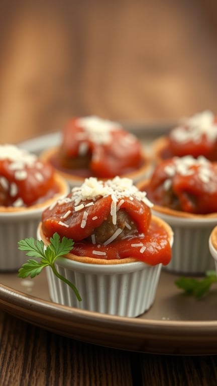 Savory meatball cups with marinara sauce and cheese, garnished with parsley