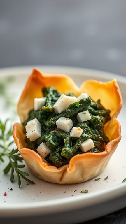 Savory spinach and feta cups with a crispy shell and a flavorful filling.