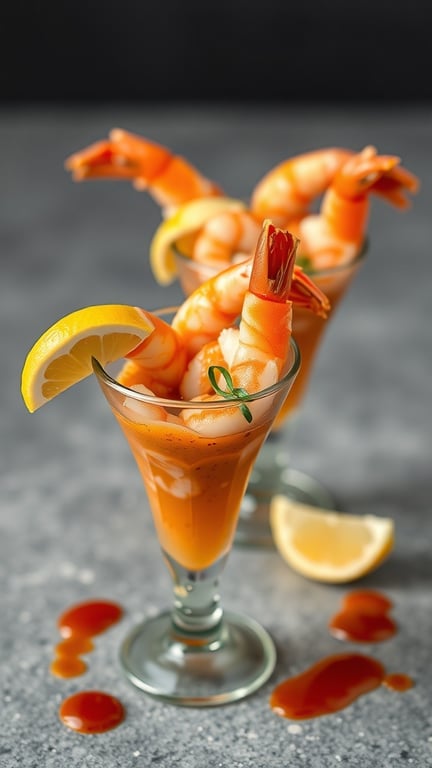 Spicy shrimp cocktail shots in tall glasses with lemon slices and hot sauce