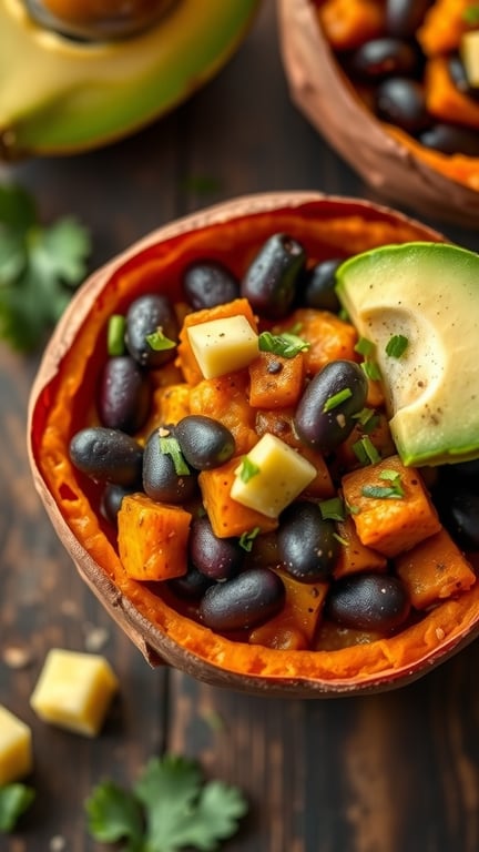Sweet potato and black bean cups topped with cheese and avocado
