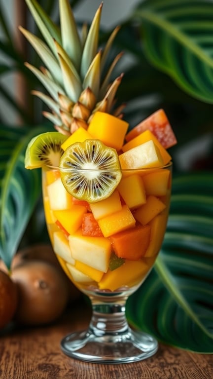 A cup filled with tropical fruit salad including mango, kiwi, and pineapple, surrounded by green leaves.