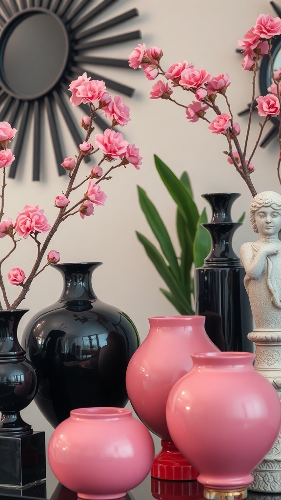 25+ Stylish Black and Pink Room Decor Ideas You’ll Love 16 Decorative vases in black and pink with flowers and a mirror