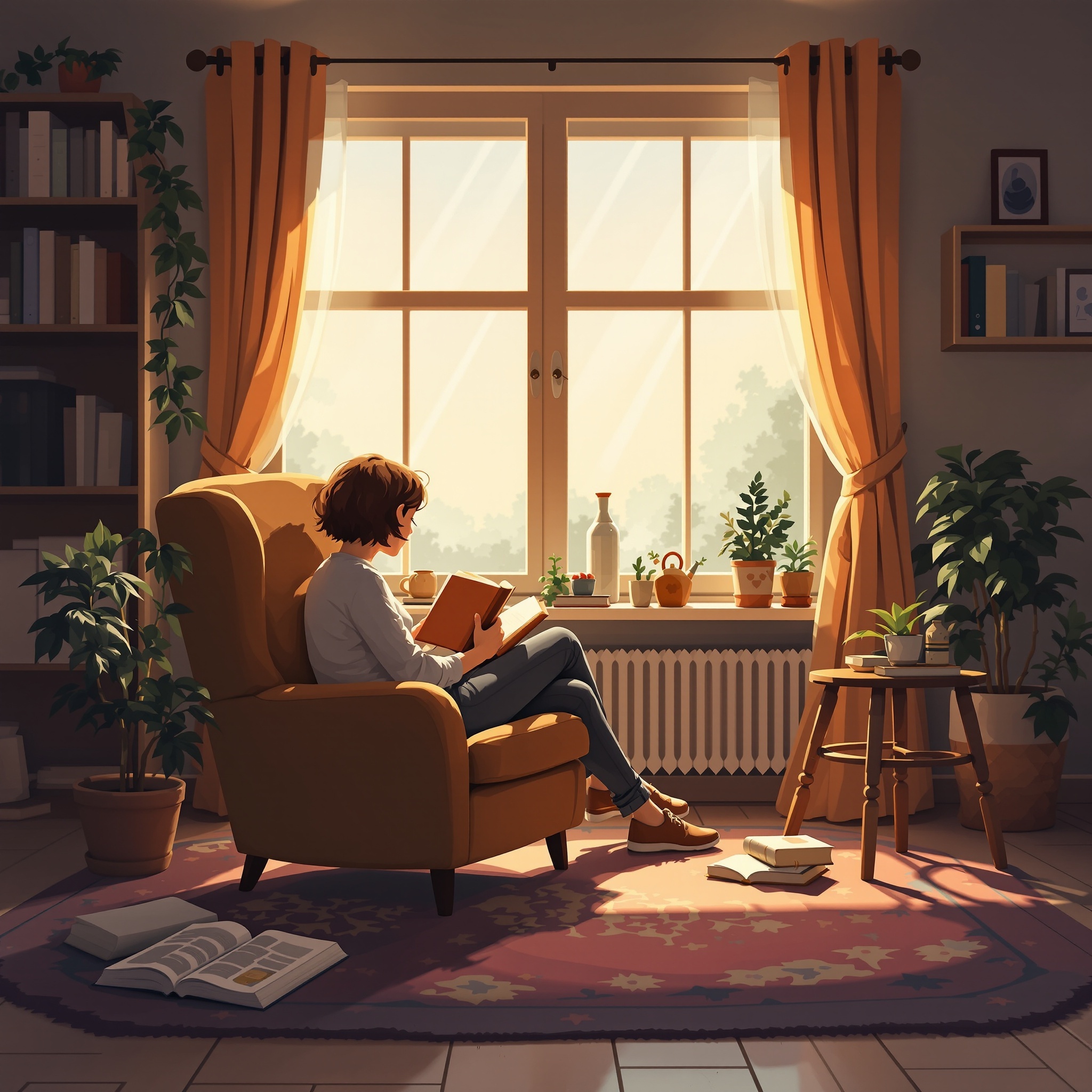 A cozy reading nook with a person enjoying a book by a sunlit window.