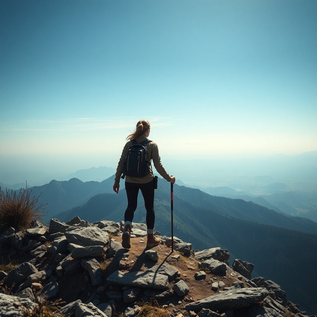 A woman standing on a mountain peak, looking out over a vast landscape.