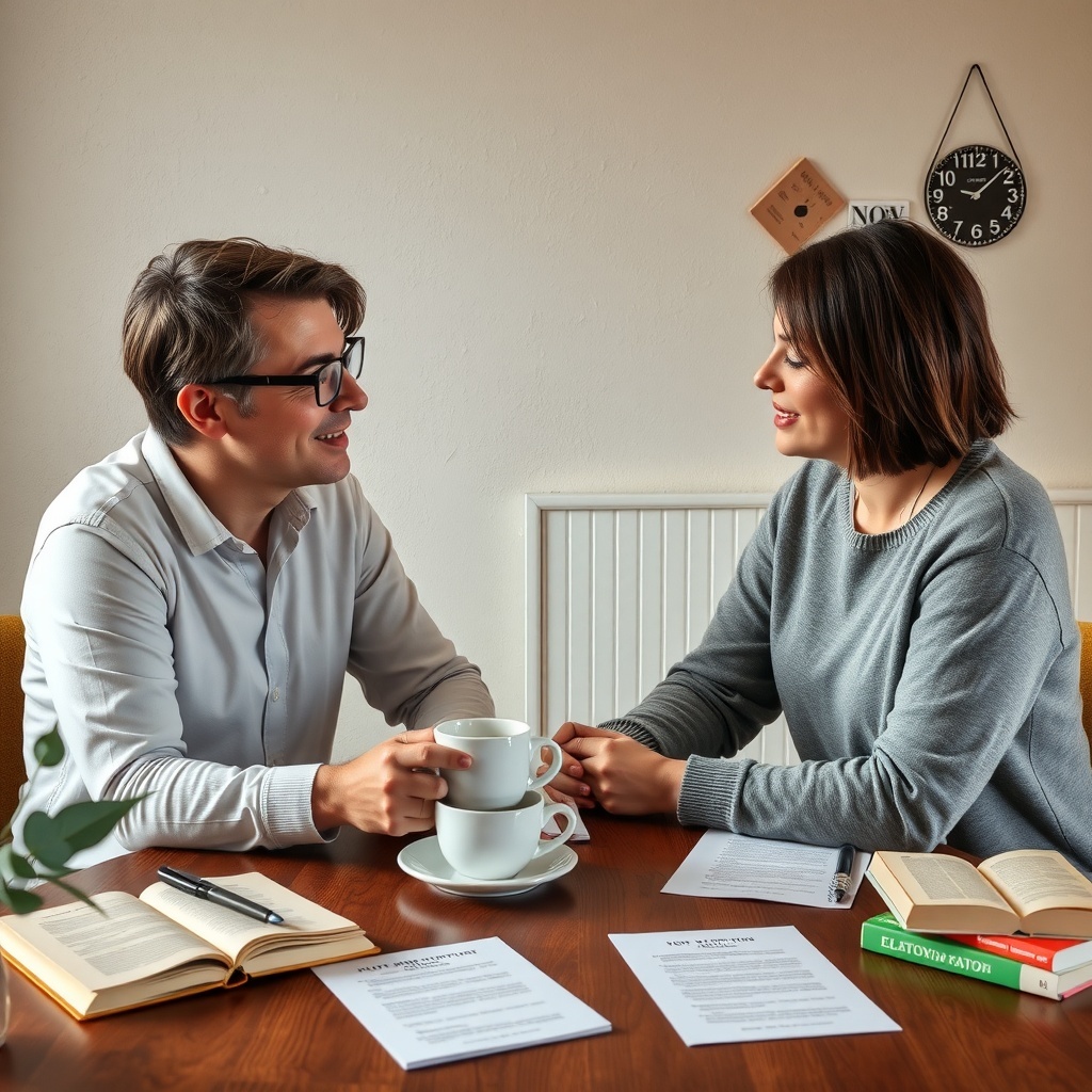 A couple engaged in a conversation over coffee, with notes and books on the table.
