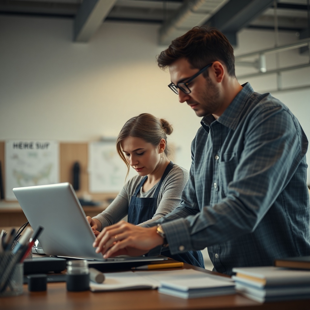 A man and woman working together at a desk, focused on their tasks.