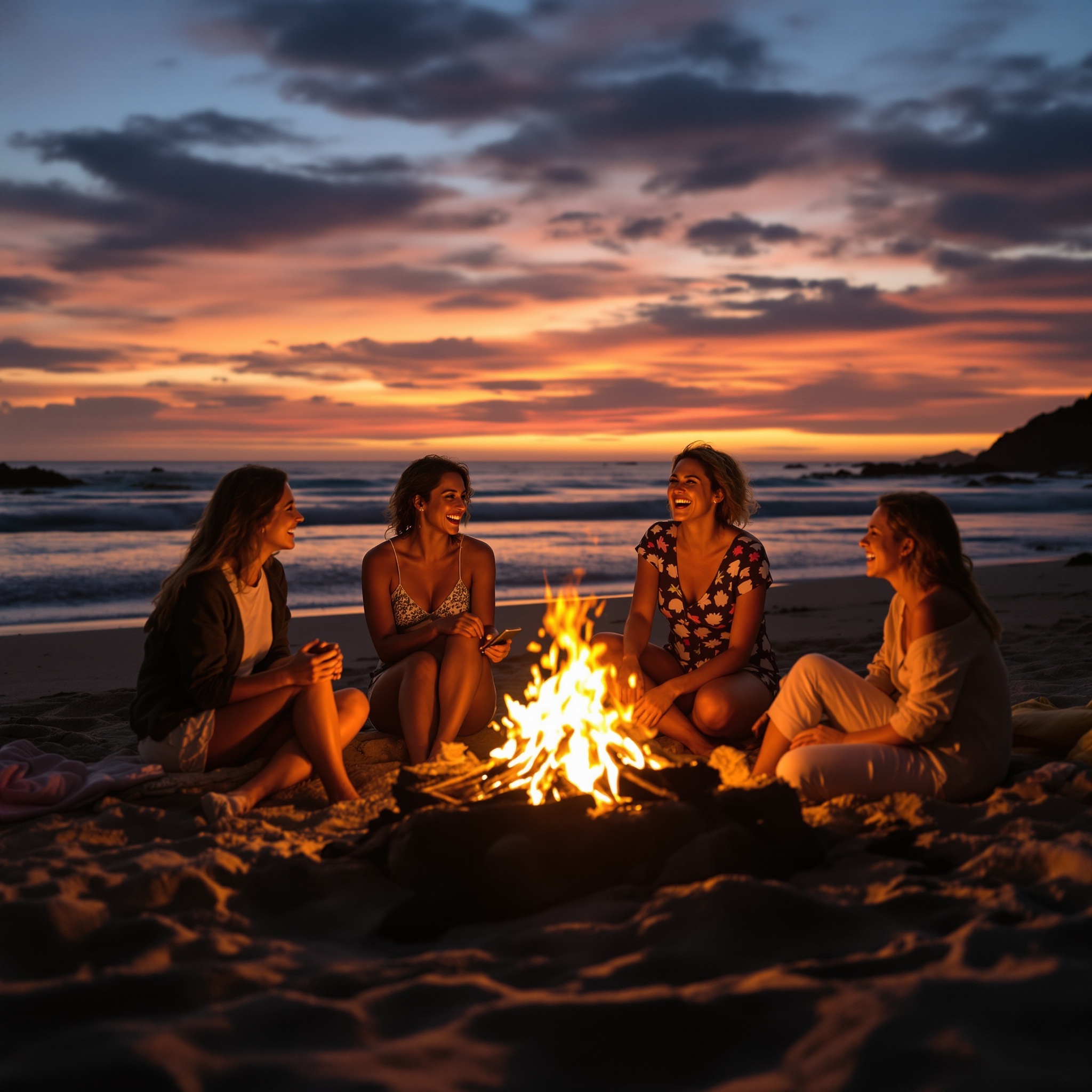 Group of friends enjoying a beach bonfire at sunset