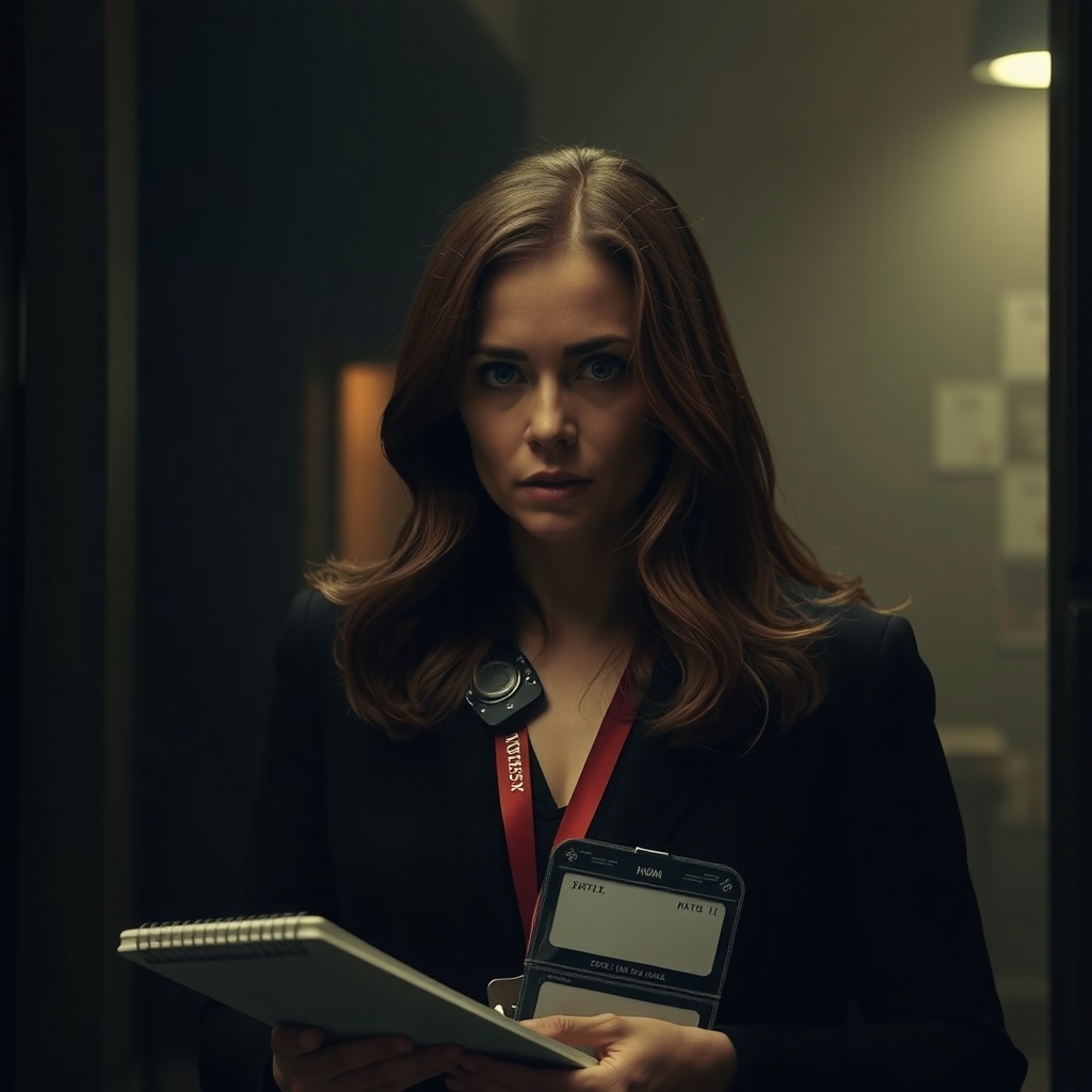 A determined woman in a professional setting, holding a notebook and wearing an ID badge.