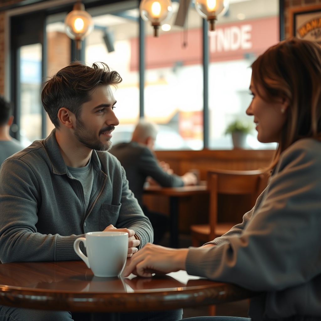 A couple engaged in a conversation at a coffee shop, showcasing the importance of communication in relationships.