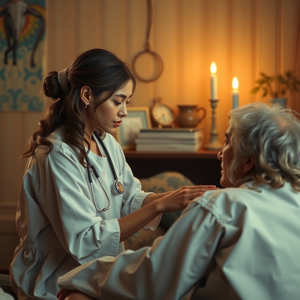 A compassionate healer caring for an elderly patient in a warm, cozy setting.