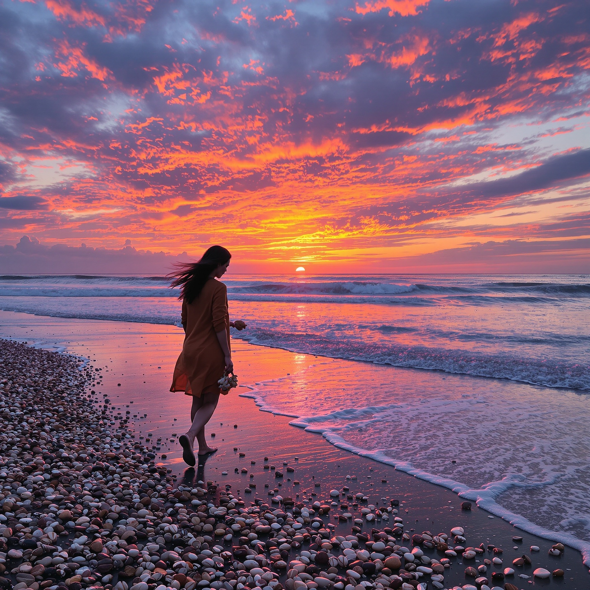A woman walking along a beach during sunset, with colorful skies and gentle waves.