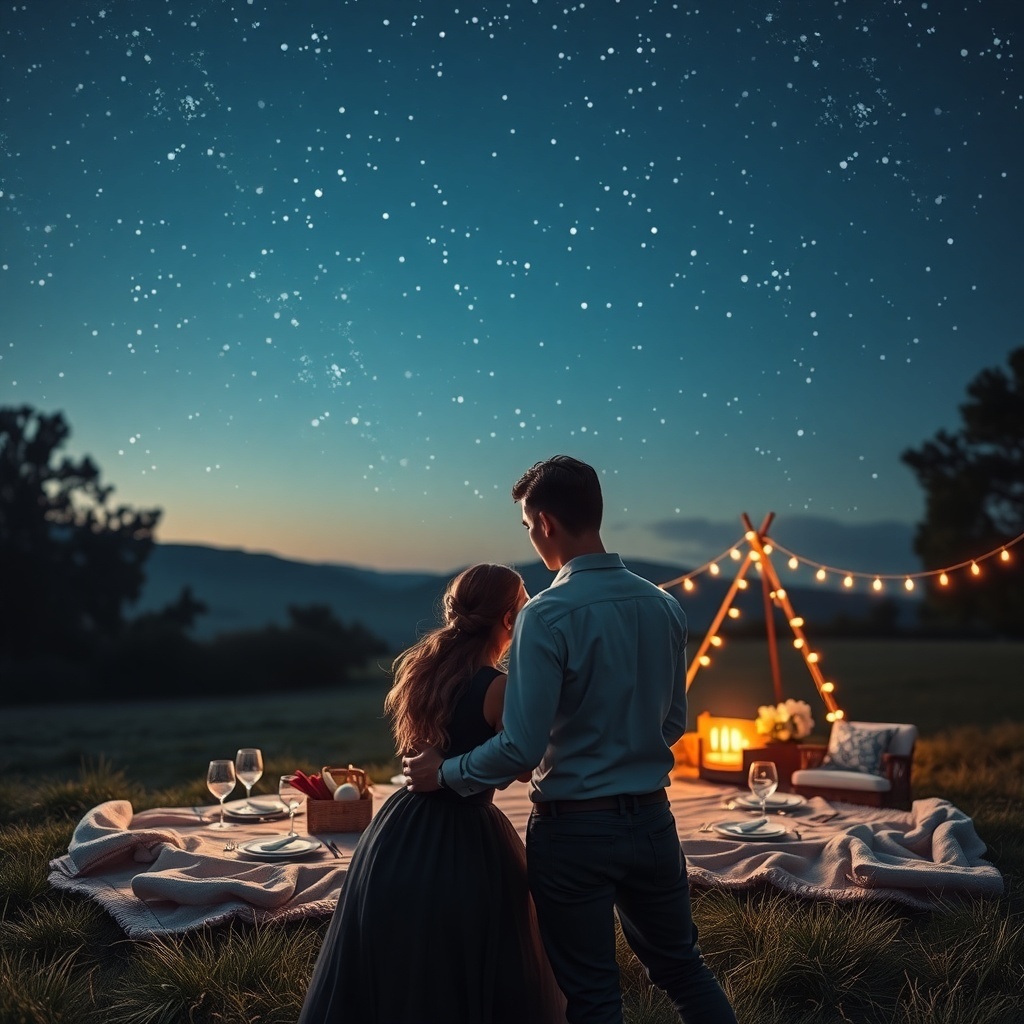 A romantic picnic setup under a starry sky with a couple enjoying each other's company.