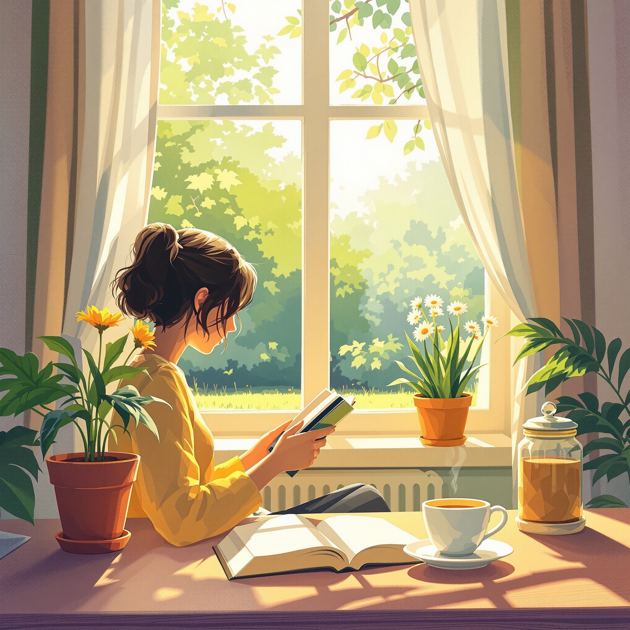 A woman reading a book by a sunny window with plants around her.