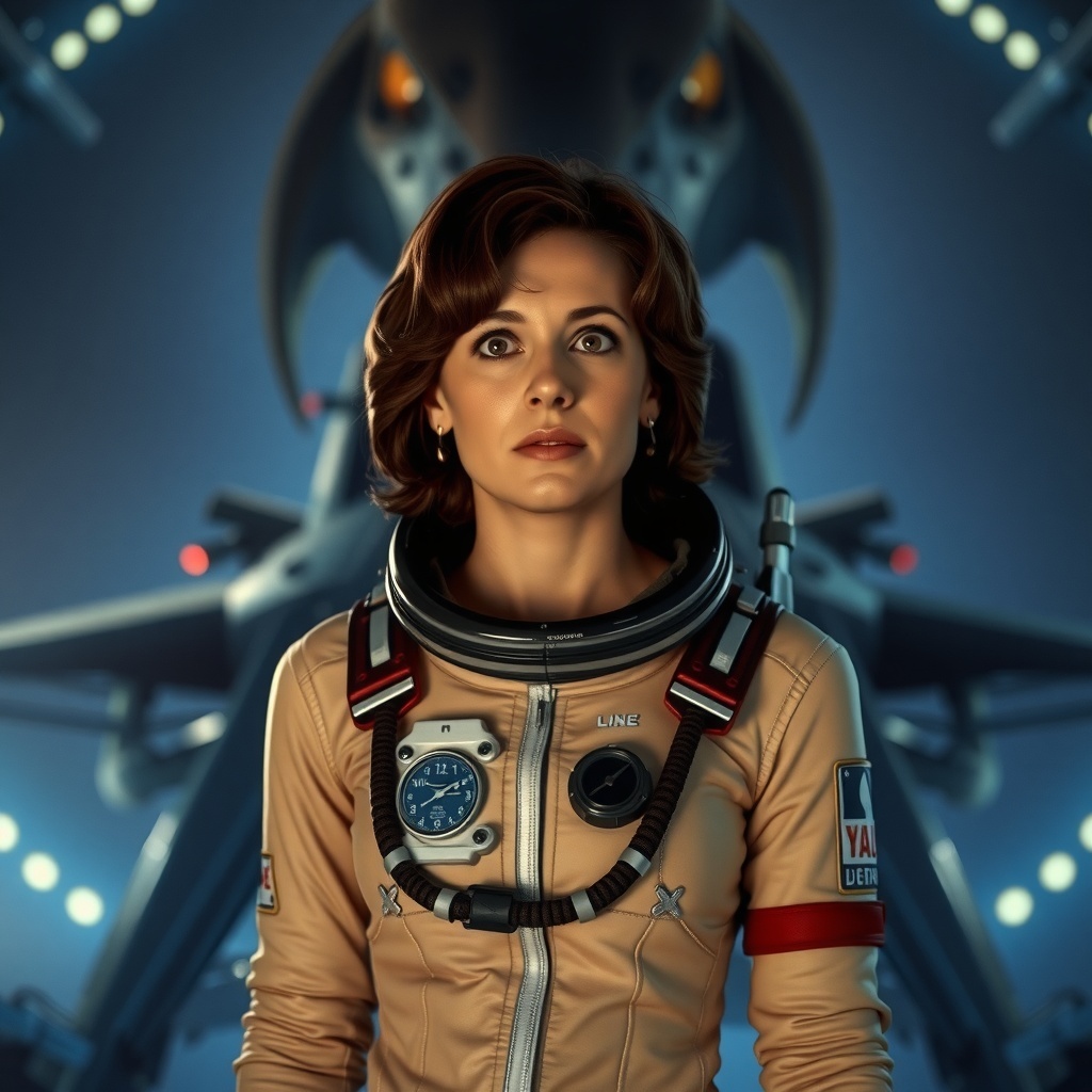 Ellen Ripley in a space suit, looking determined and ready for action.