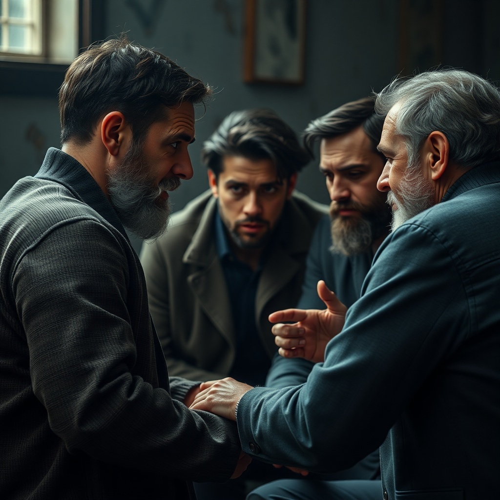 A group of men engaged in a serious conversation, showcasing emotional connection and depth.