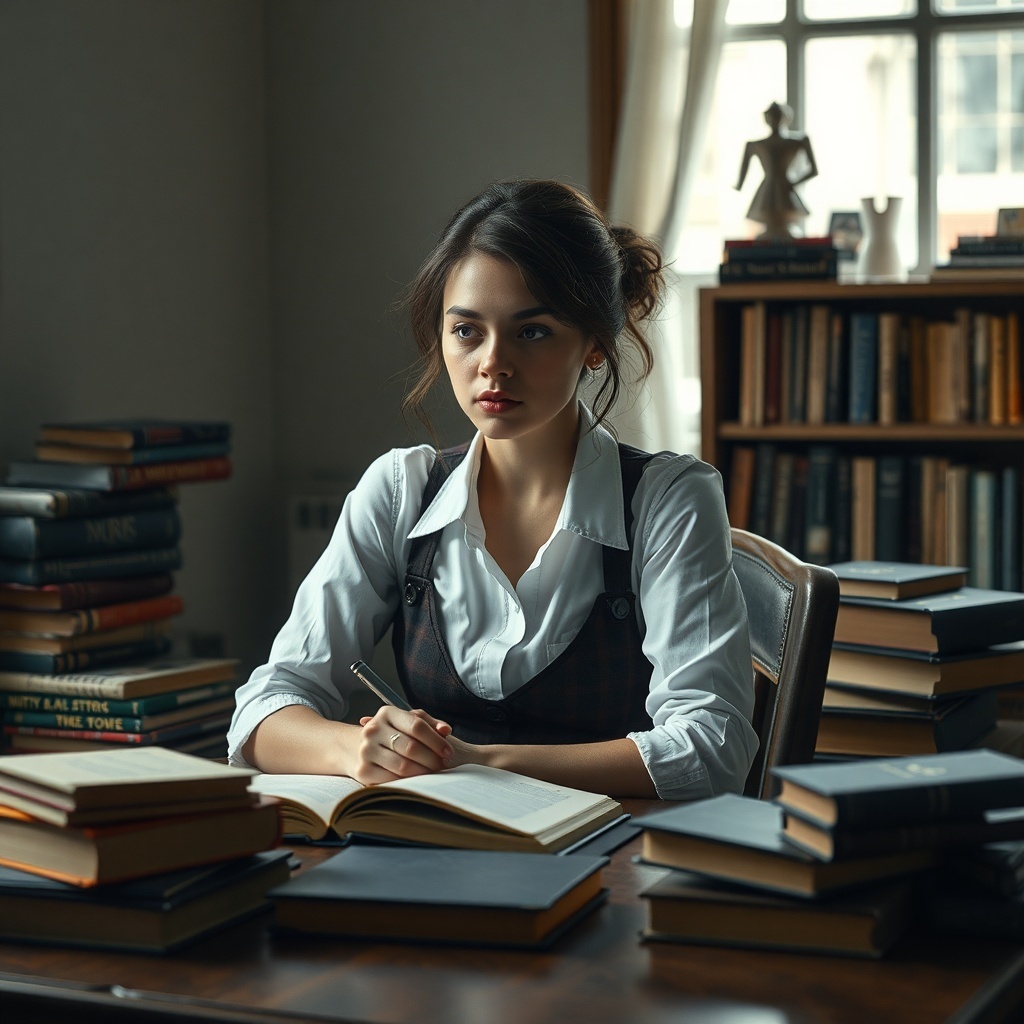 A young woman sitting at a desk with books, focused on writing in a notebook.