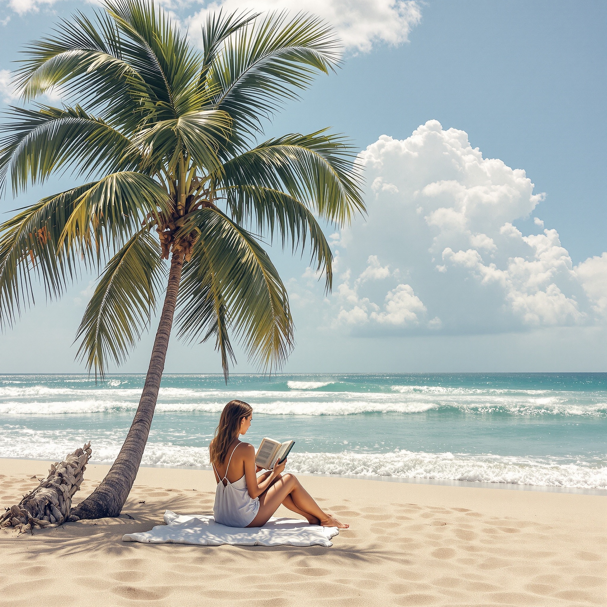 A woman reading a book on the beach under a palm tree.