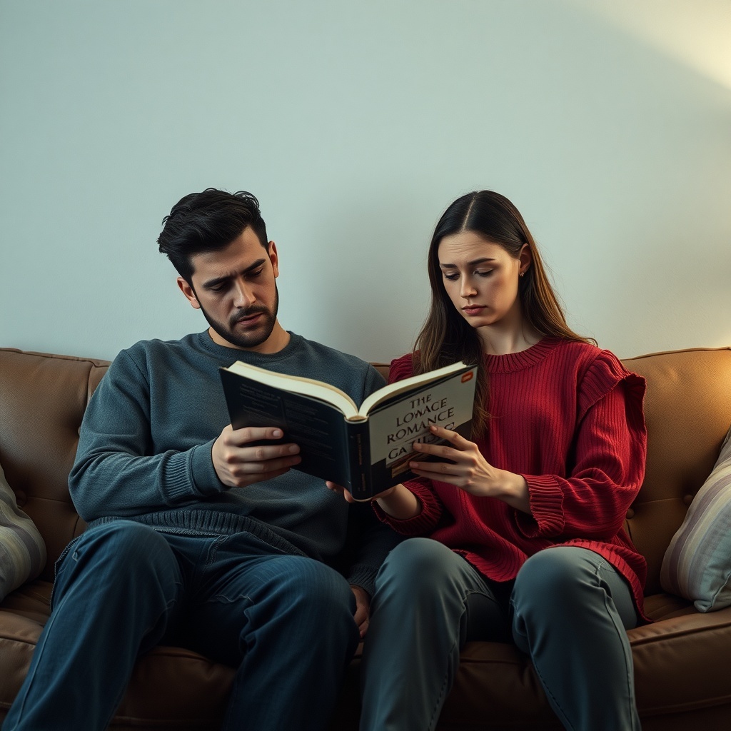 A couple reading a romance book together on a couch.