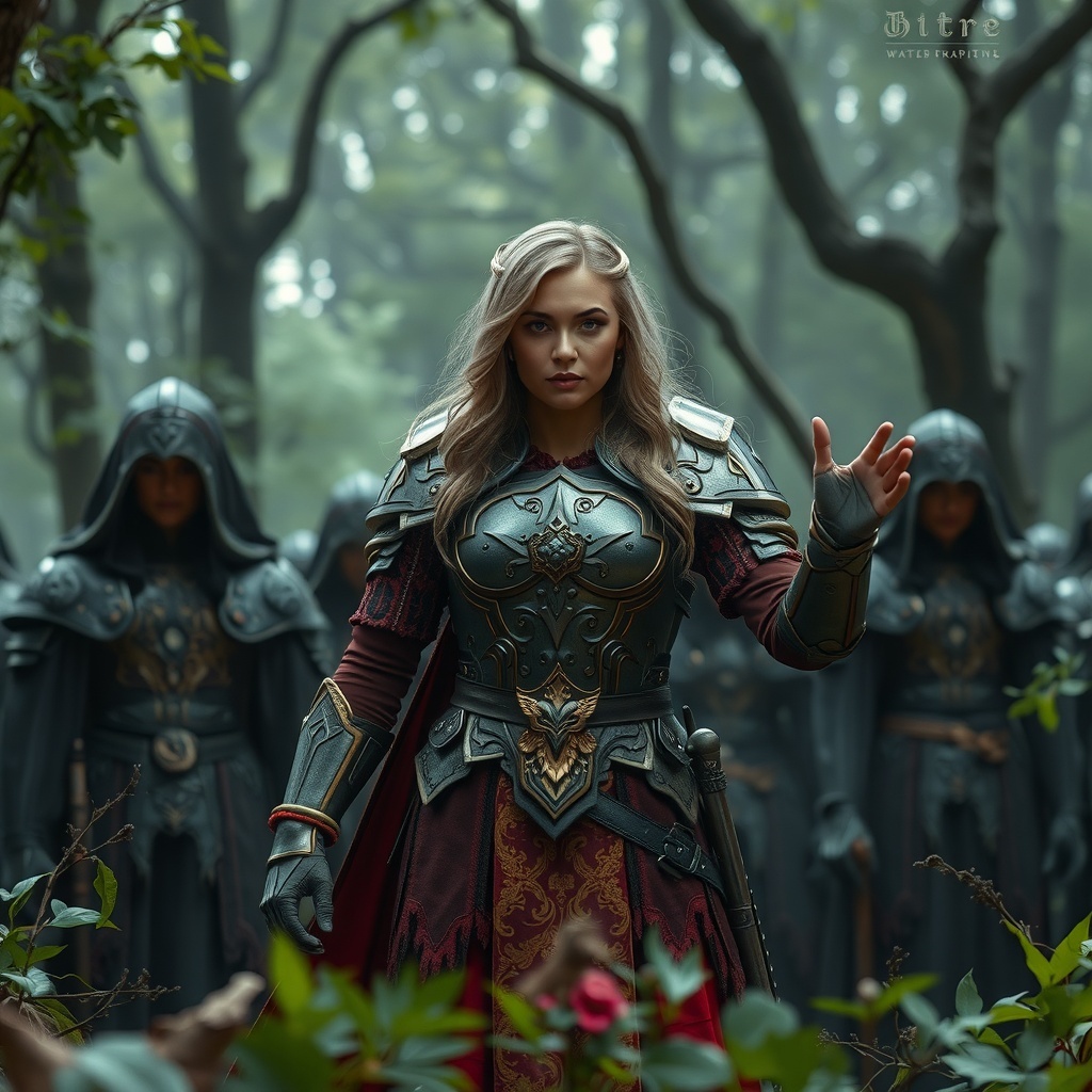 A strong female leader in a fantasy setting, dressed in armor, surrounded by followers.