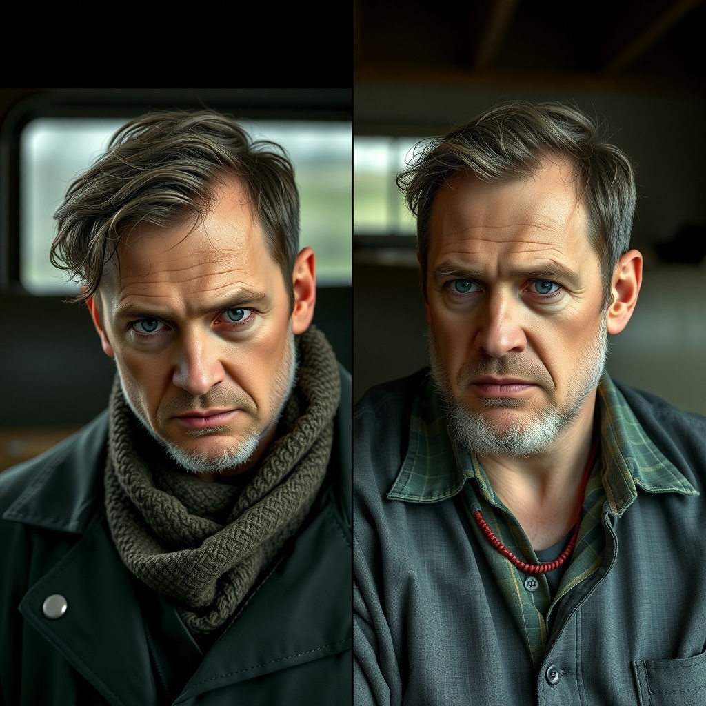 A split image of a man with two different expressions, showcasing contrasting emotions.