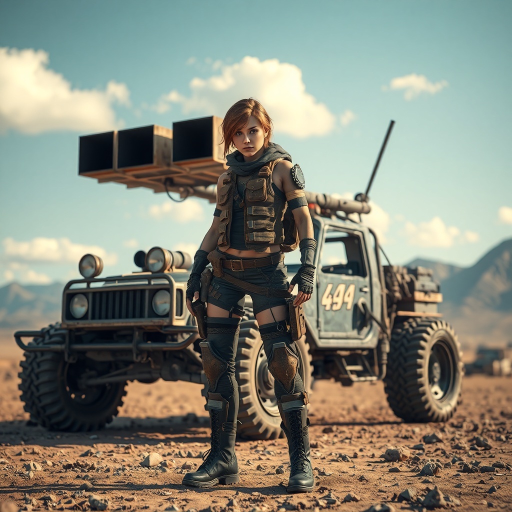 Furiosa stands confidently in a rugged landscape, showcasing her warrior spirit.