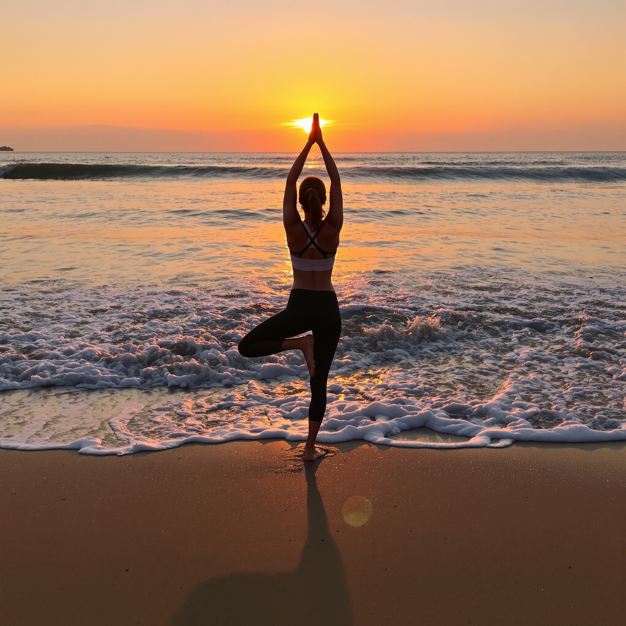A woman practicing yoga on the beach during sunset.