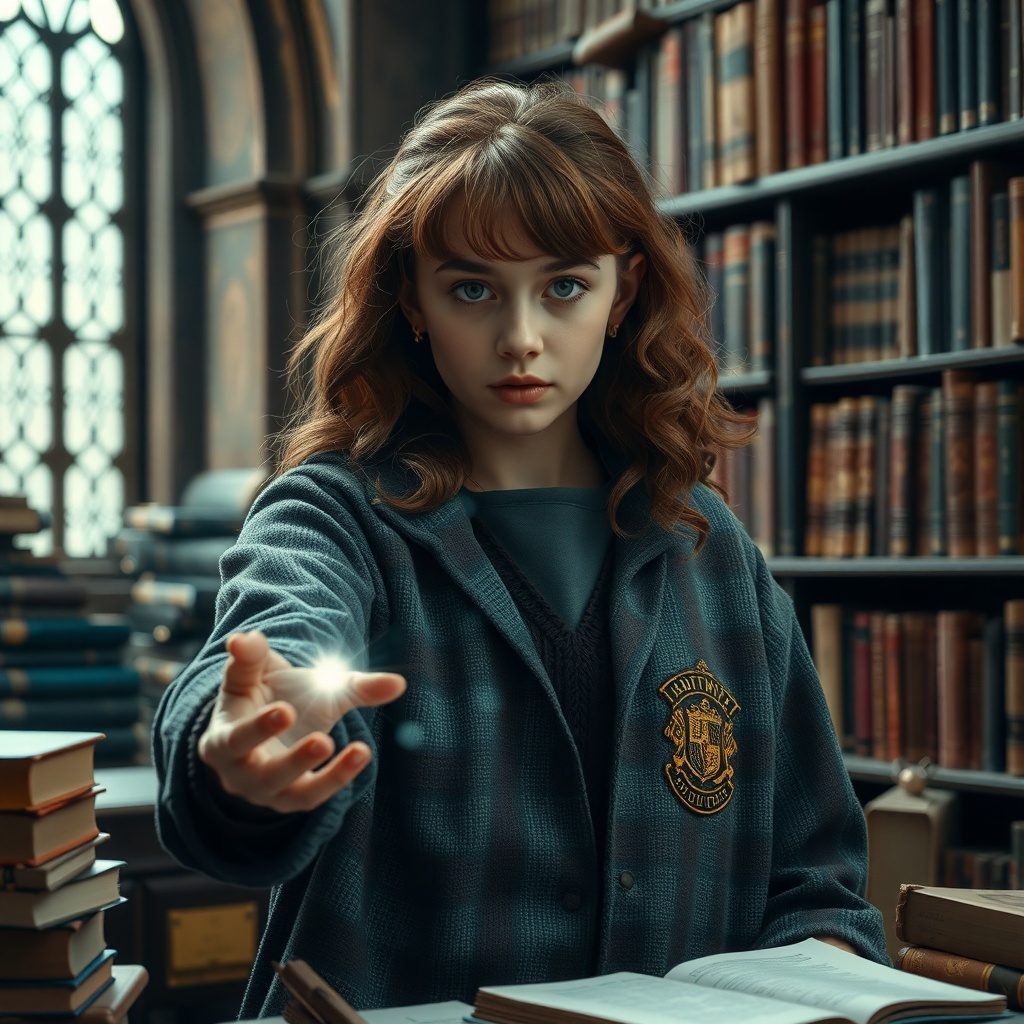A young witch in a library, casting a spell with determination.