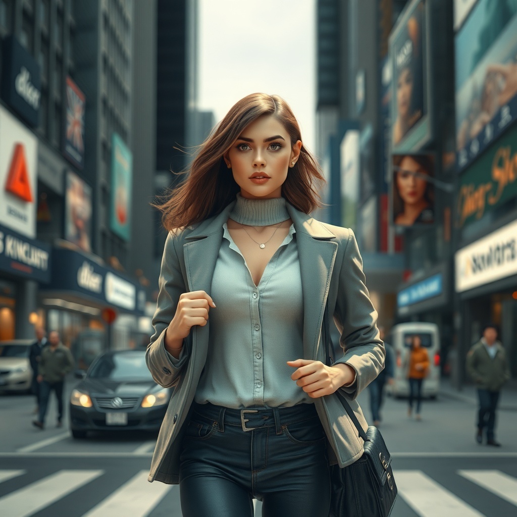 A confident young woman walking through a busy city street, embodying strength and determination.