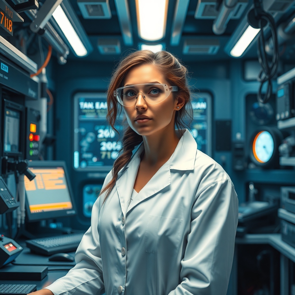A strong female character in a lab coat, showcasing intelligence and determination in a futuristic setting.
