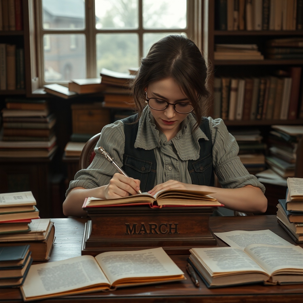 A young woman with glasses writing in a book at a desk surrounded by stacks of books, symbolizing creativity and determination.