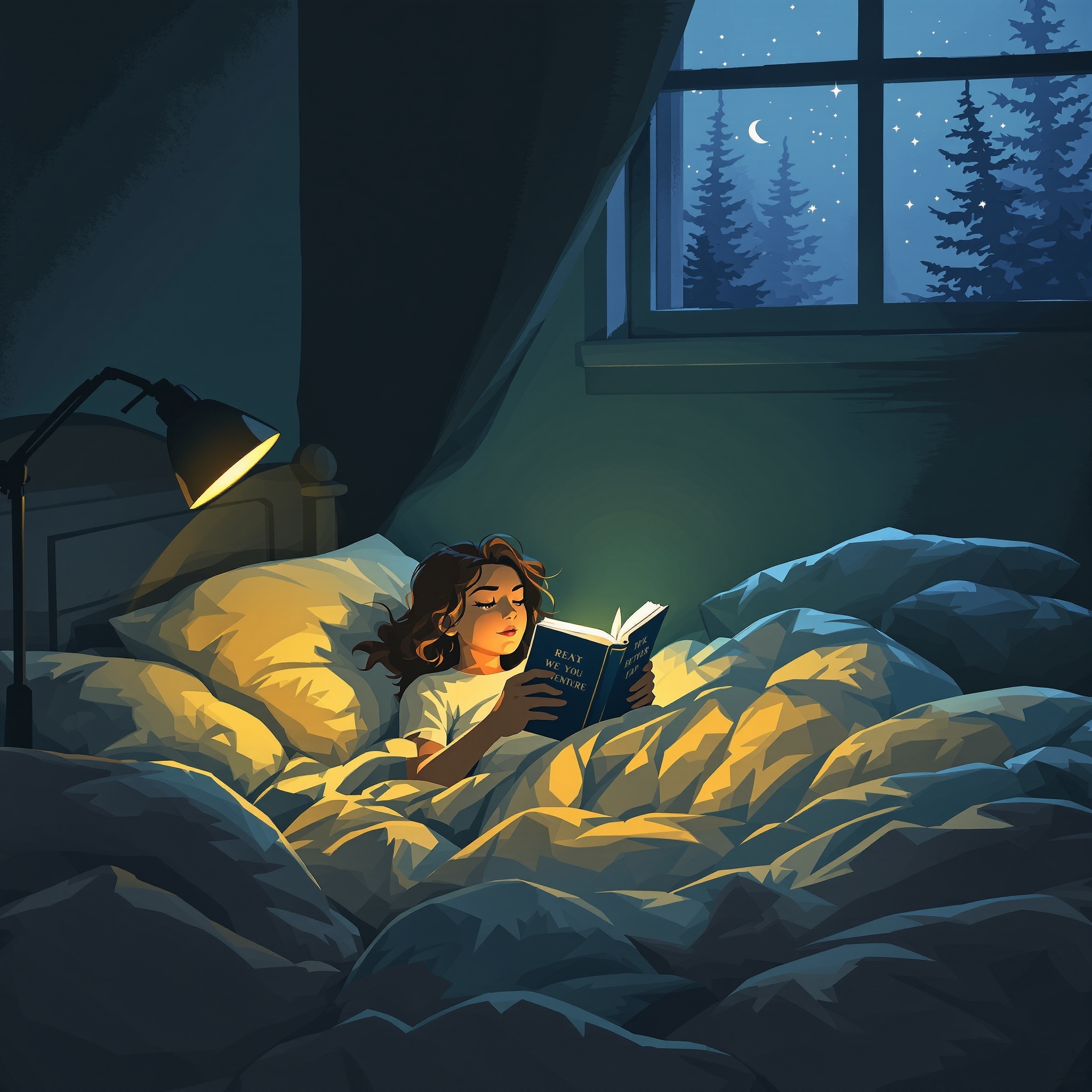 A woman reading a book in bed at night, surrounded by soft blankets and a warm lamp light.