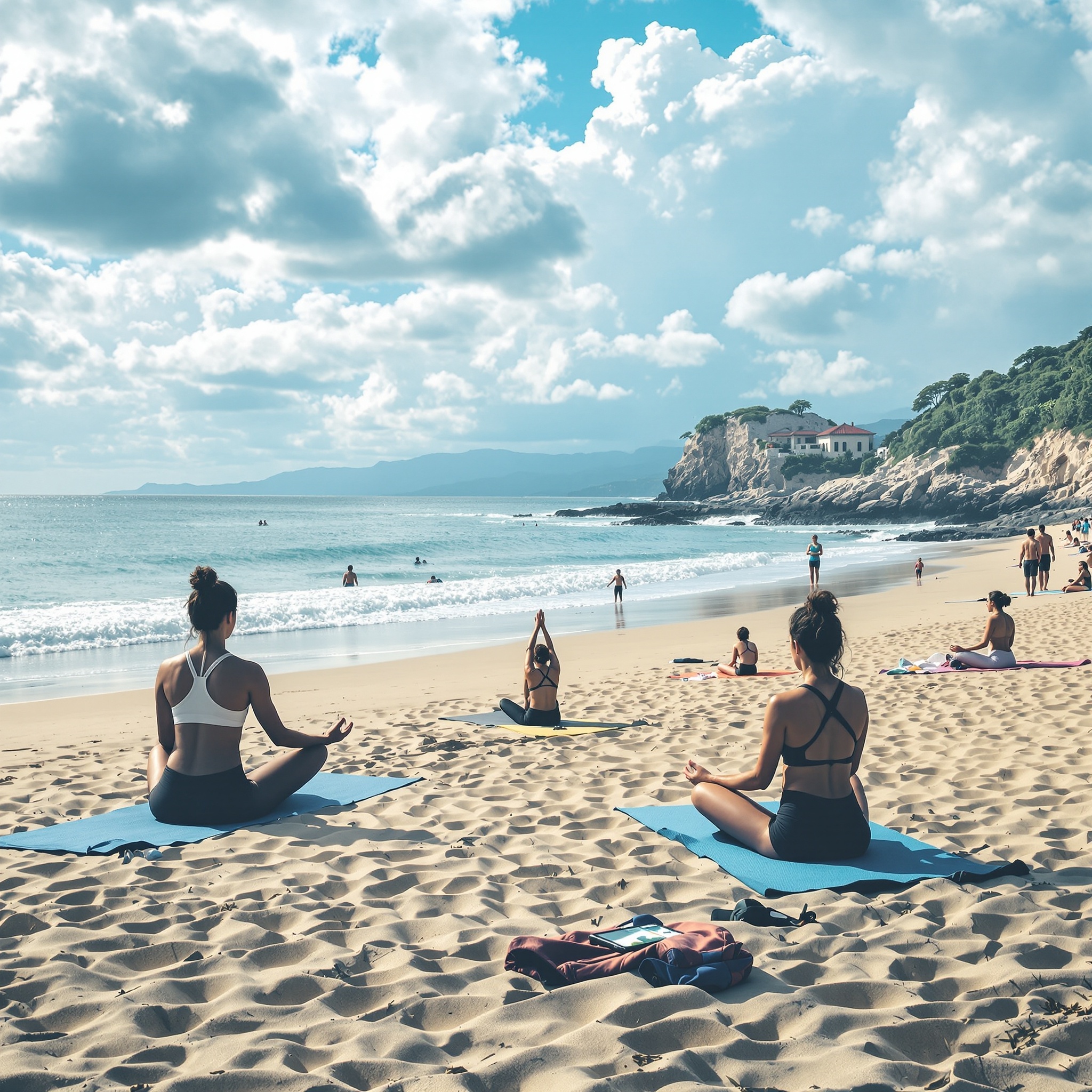A peaceful beach scene with people practicing yoga and enjoying the ocean.