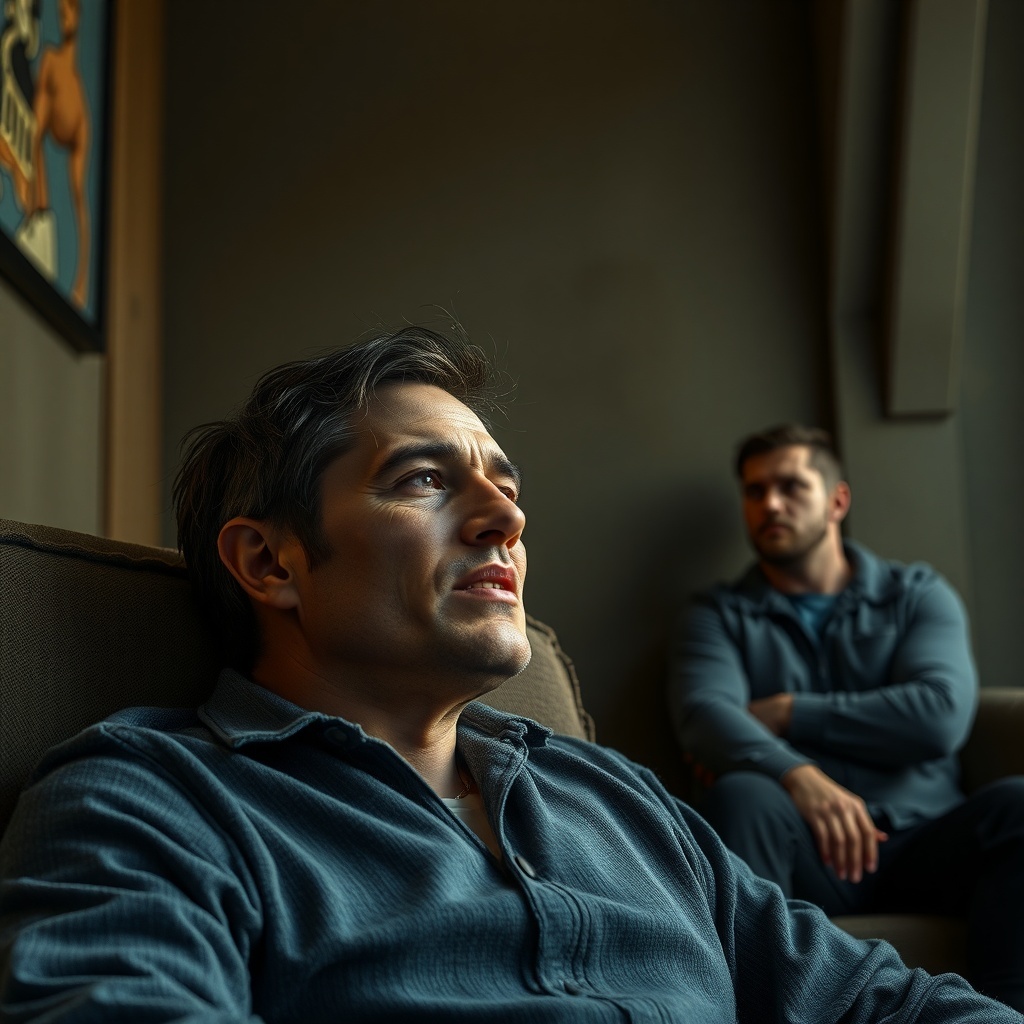 Two men sitting in a room, one looking contemplative while the other appears distant.