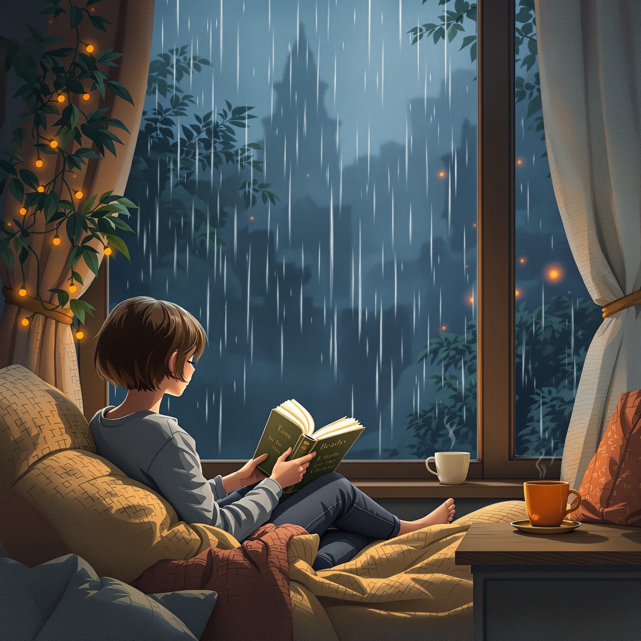 A cozy reading nook with a person reading by a rainy window.