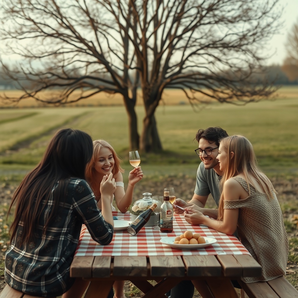A group of friends enjoying a meal and drinks at a picnic table in a serene outdoor setting.