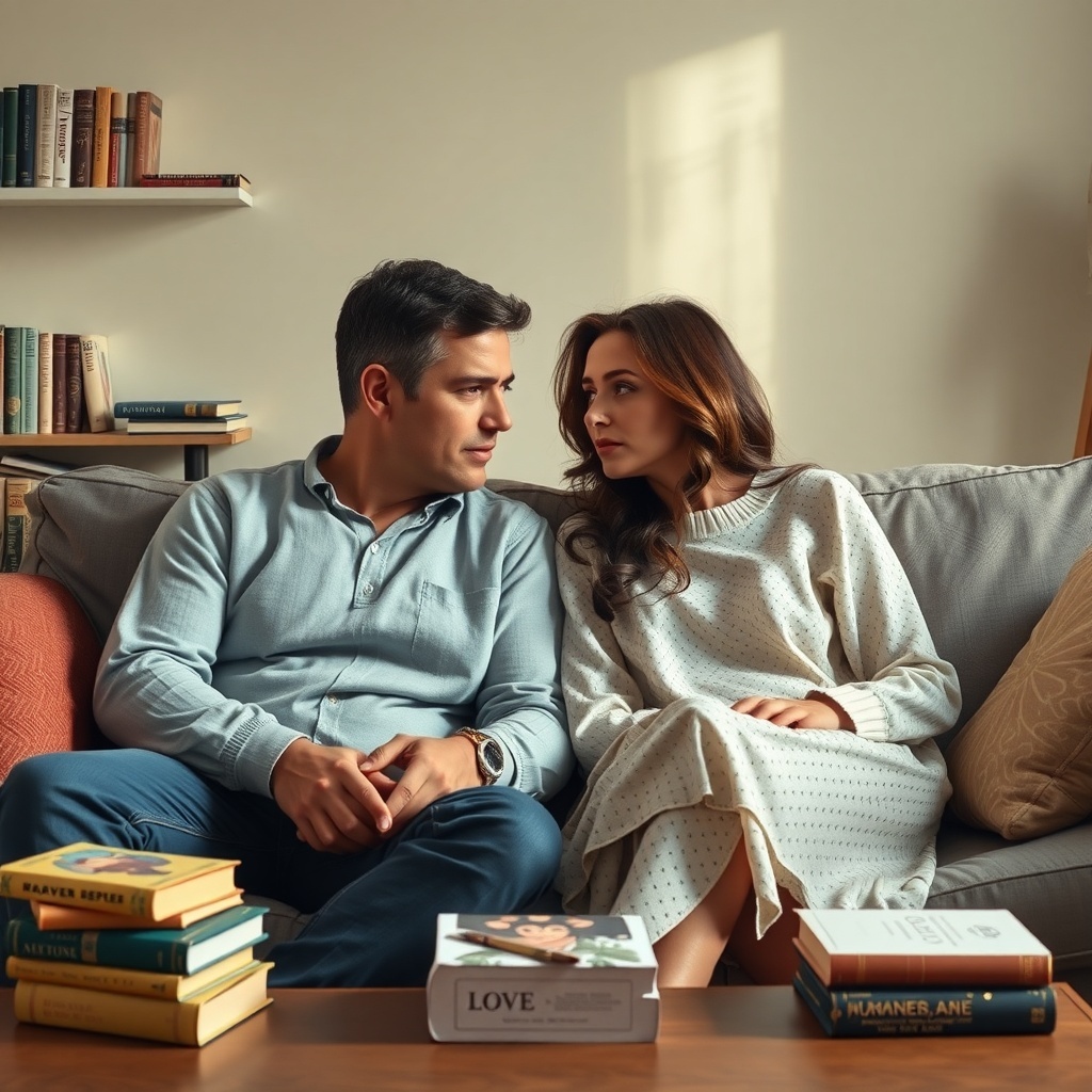 A couple sitting closely together, engaged in a serious conversation, surrounded by books.
