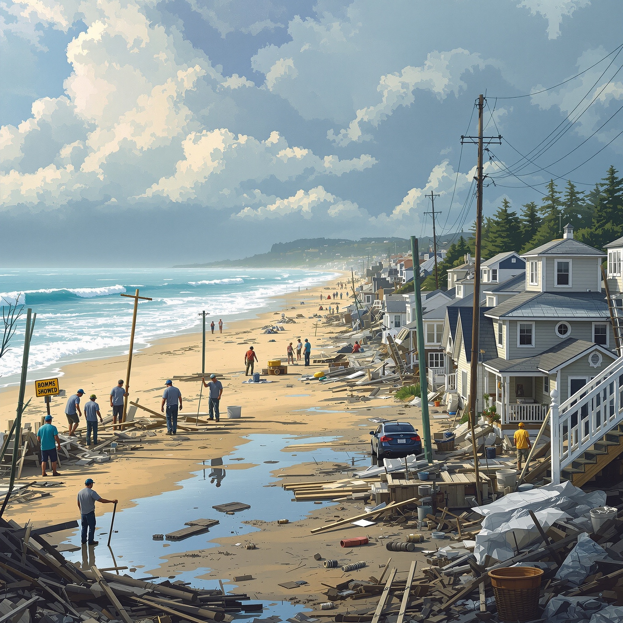 A coastal town recovering from a storm, with people working together to clean up and rebuild.