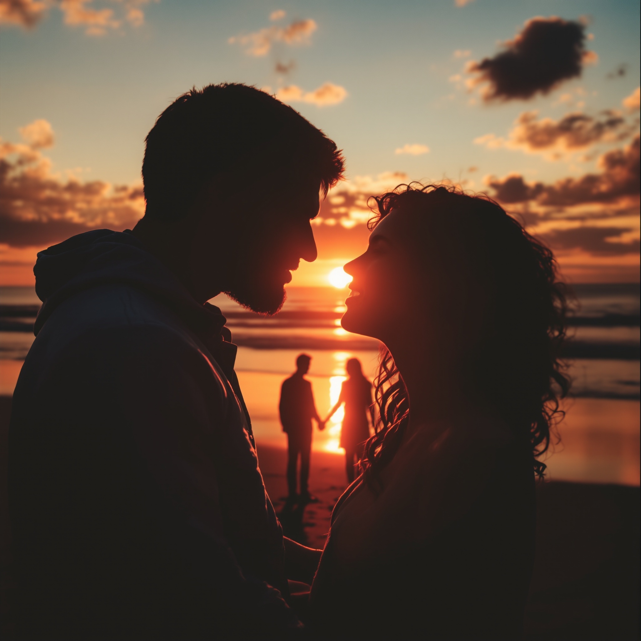 A romantic beach scene at sunset with silhouettes of couples
