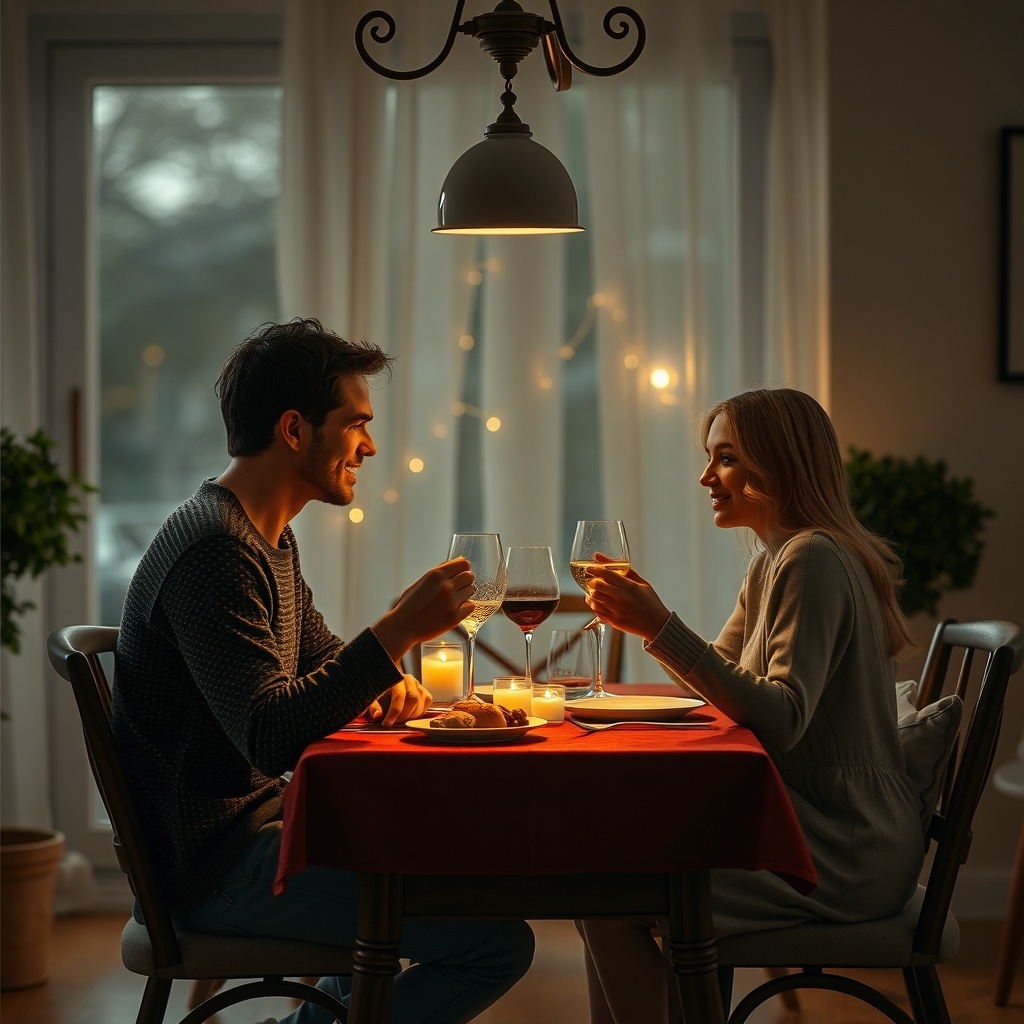 A couple enjoying a romantic dinner together, smiling and toasting with glasses of wine.