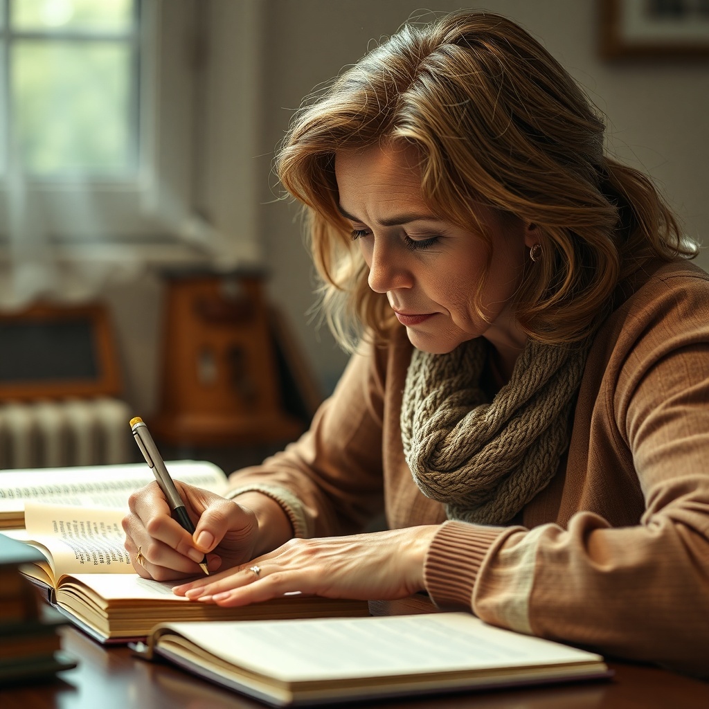A woman writing in a notebook with a thoughtful expression, surrounded by quotes on a wall.