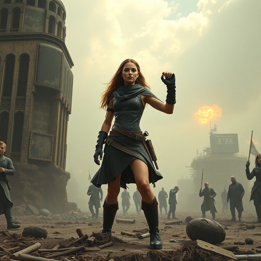 A strong heroine in a dystopian setting, standing confidently amidst chaos.