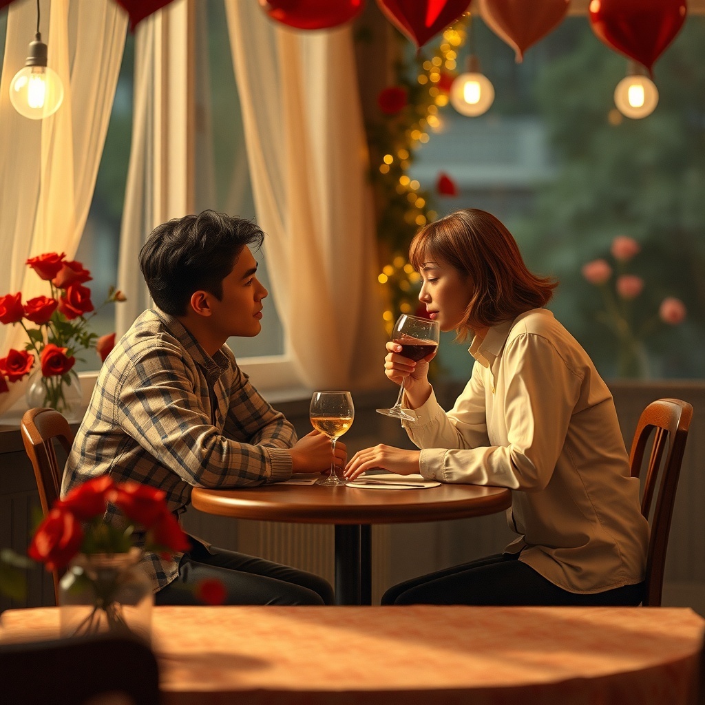 A romantic setting with a couple engaged in a deep conversation over drinks.