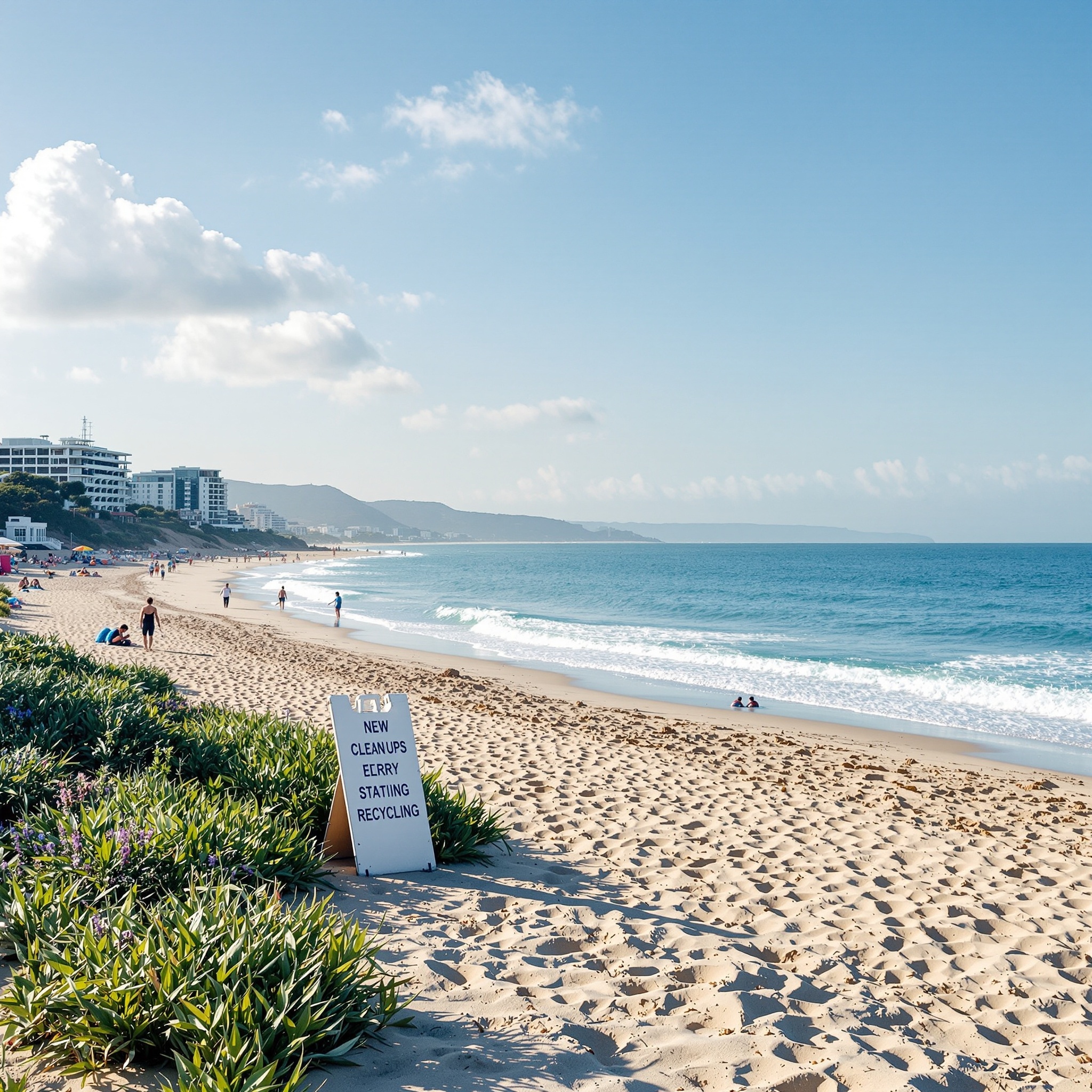 A beach scene with a sign promoting cleanups and recycling efforts.